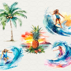 Summer Hawaii Clipart, Aloha Hawaii Watercolor, 64 PNG Hawaii clip art Digital art, flowers, drinks, surfing, beach, palms, Commercial use. Hawaii party, luau Hawaii