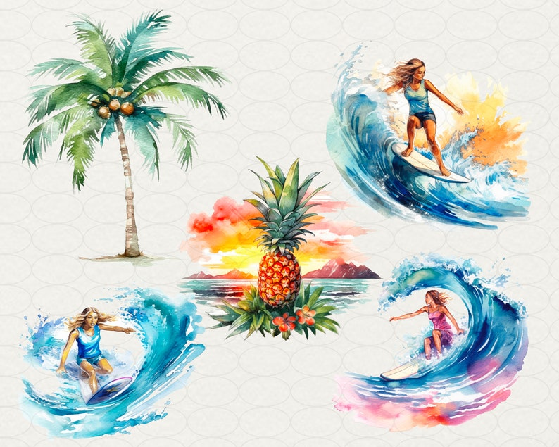 Summer Hawaii Clipart, Aloha Hawaii Watercolor, 64 PNG Hawaii clip art Digital art, flowers, drinks, surfing, beach, palms, Commercial use. Hawaii party, luau Hawaii