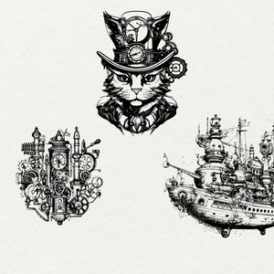 May include: A black and white illustration of a steampunk cat wearing a top hat with gears and clock faces. The cat is surrounded by gears and other steampunk elements. There are two other illustrations of steampunk ships with gears and clock faces.