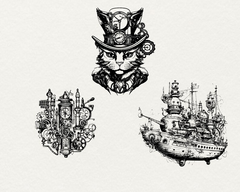 May include: A black and white illustration of a steampunk cat wearing a top hat with gears and clock faces. The cat is surrounded by gears and other steampunk elements. There are two other illustrations of steampunk ships with gears and clock faces.