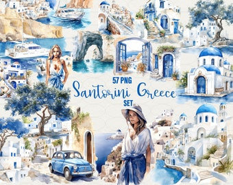 Santorini Greece clipart, Greece summer clip art, 57 png Greece watercolor, Greece vacation scrapbooking. Romantic Greece, Commercial Use.