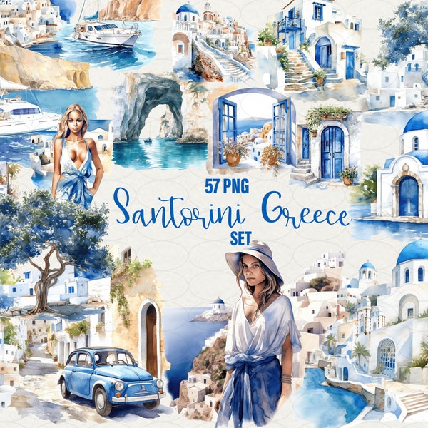 Santorini Greece clipart, Greece summer clip art, 57 png Greece watercolor, Greece vacation scrapbooking. Romantic Greece, Commercial Use.