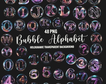 Holographic Bubble Alphabet Clipart: 48 PNG Letters & Numbers (Digital Download)