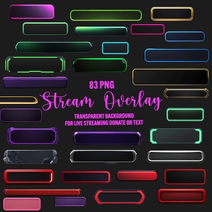 Könnte beinhalten: Ein Satz von 83 PNG-Stream-Overlays mit transparenten Hintergründen. Die Overlays sind in verschiedenen Farben und Stilen gehalten, darunter Schwarz, Grün, Rot, Blau und Lila. Die Overlays sind für Live-Streaming, Spenden oder Text konzipiert.