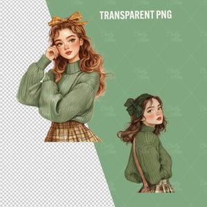Imágenes prediseñadas de niña con suéter, 36 png para niñas de primavera, niña con suéter verde, acogedora niña de otoño png transparente, imágenes prediseñadas de niña de otoño para uso comercial