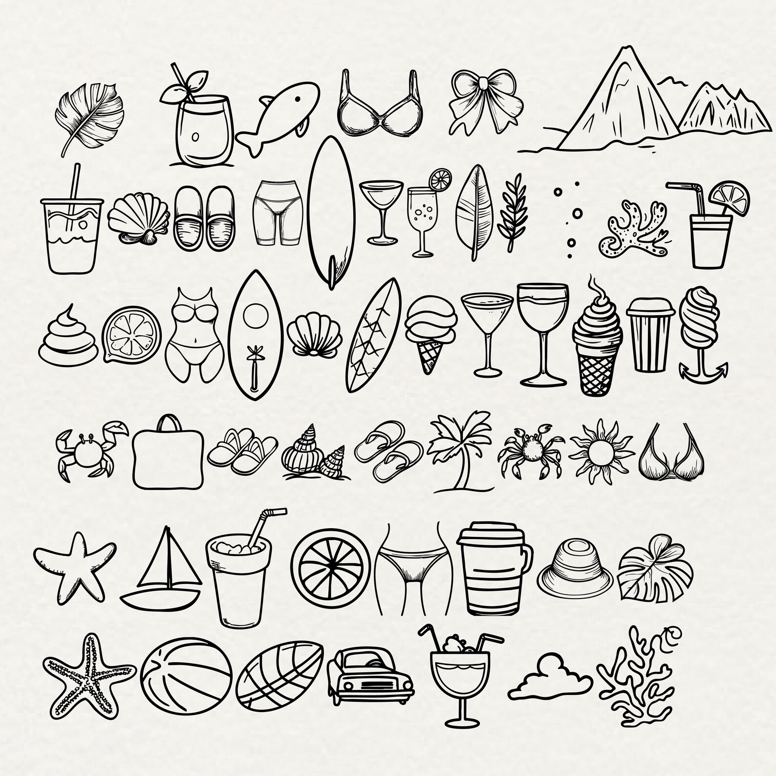 Beach Doodle Clipart Bundle: Summer Line Art PNG SVG (commercial Use - Etsy