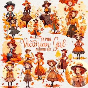Victorian Girl Autumn Clipart, Cartoon clipart, 17 PNG Victorian lady, Vintage Ladies, girl lady, Instant download, Commercial Use.