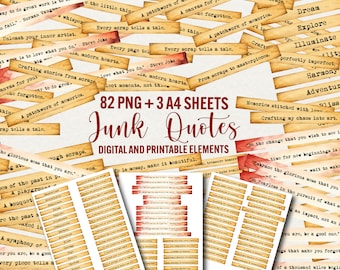 May include: A digital download of 82 printable quote cards featuring inspirational and motivational quotes. The cards are designed to look like vintage, worn paper with a brown and red color scheme. The text "Junk Quotes" is displayed in a red font on a brown background.