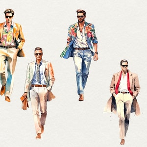 May include: Four men wearing different styles of clothing. The men are wearing sunglasses, jackets, shirts, and pants. The men are standing in a row, facing forward. The background is a light gray.