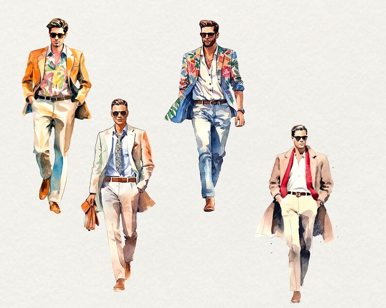 May include: Four men wearing different styles of clothing. The men are wearing sunglasses, jackets, shirts, and pants. The men are standing in a row, facing forward. The background is a light gray.