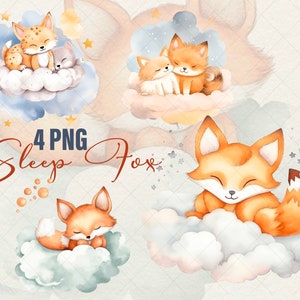 Carino volpe acquerello clipart volpe bambino dormire 4 PNG, adesivi volpe dormire bundle clipart regalo illustrazioni set download immediato, uso commerciale