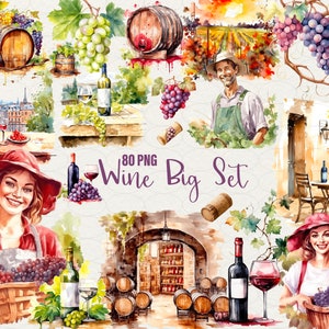 Wine watercolor clipart, red wine glass, white wine, watercolor grapes, vineyard, chardonnay, grapes, farmer. 80 PNG Wine art Commercial Use