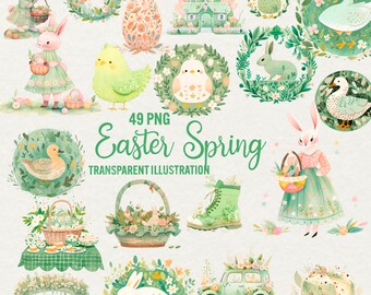 Watercolor Easter Clipart: Spring Bunny & Eggs (49 PNG Digital Graphics)
