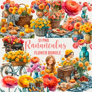 Aquarelle fleur de renoncule Clipart, 51 fleurs de printemps PNG, renoncule rouge jaune, Floral Spring Girl PNG, téléchargement immédiat, usage Commercial