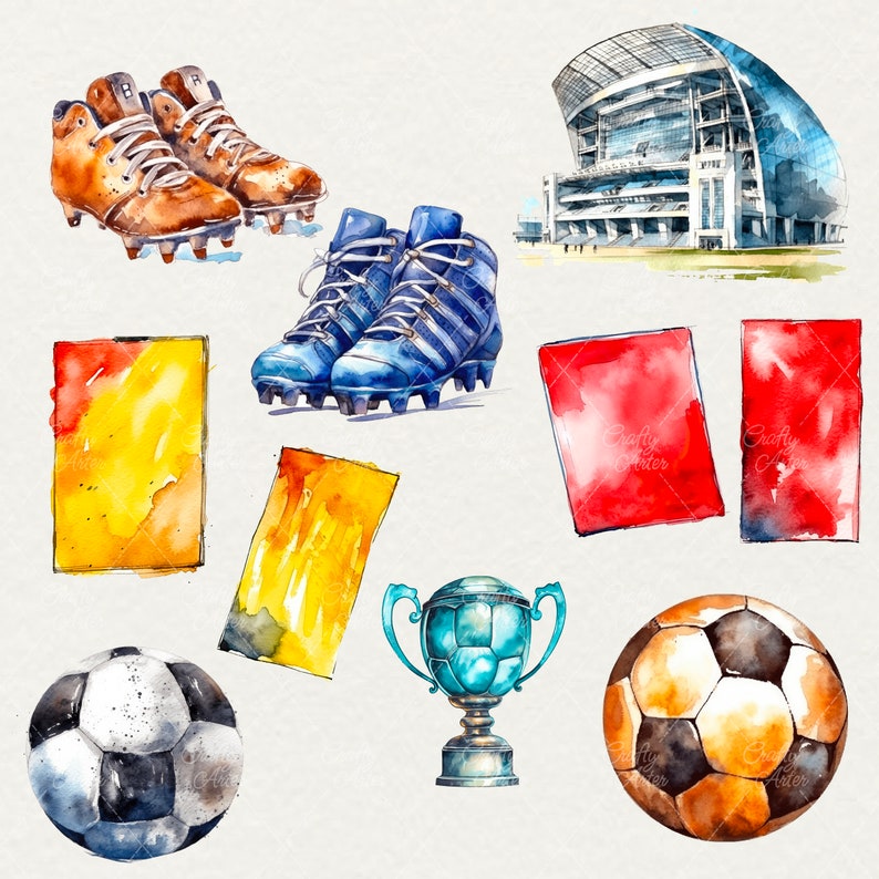 K&ouml;nnte beinhalten: Aquarell-Illustration von fu&szlig;ballbezogenen Gegenst&auml;nden, darunter ein Fu&szlig;ball, Fu&szlig;ballschuhe, eine Troph&auml;e, rote und gelbe Karten sowie ein Stadion.
