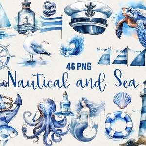 Akwarela Morska Clipart, Ocean Clipart Morska Clipart 46 PNG, Muszle, żółwie, statek, latarnia morska, niebieska ilustracja Użytek komercyjny