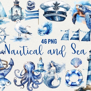 Watercolor Nautical Clipart, Ocean Clipart Nautical Clipart 46 PNG, Seashells, turtles, ship, lighthouse, blue illustration Commercial Use