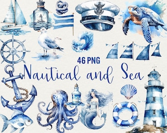 Watercolor Nautical Clipart, Ocean Clipart Nautical Clipart 46 PNG, Seashells, turtles, ship, lighthouse, blue illustration Commercial Use