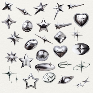 Metal star PNG bundle with 45 chrome aesthetic clipart designs, including silver starbursts, shooting stars, spiked stars, outlined stars, orbiting planets, crescent moons, and celestial shapes. Trendy Y2K and futuristic style, perfect for digital art, sublimation, scrapbooking, websites, social media posts, Twitch overlays, and DIY crafts. Each PNG has a transparent background, ideal for Canva, and other design platforms. Great for aesthetic and gothic projects.