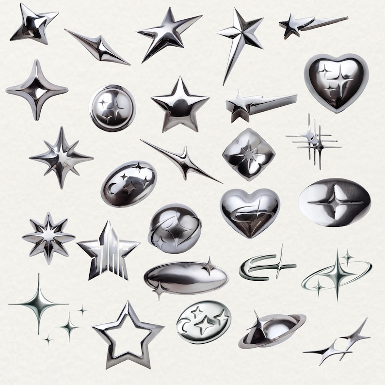 Metal star PNG bundle with 45 chrome aesthetic clipart designs, including silver starbursts, shooting stars, spiked stars, outlined stars, orbiting planets, crescent moons, and celestial shapes. Trendy Y2K and futuristic style, perfect for digital art, sublimation, scrapbooking, websites, social media posts, Twitch overlays, and DIY crafts. Each PNG has a transparent background, ideal for Canva, and other design platforms. Great for aesthetic and gothic projects.