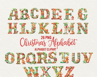 Watercolor Christmas Alphabet Clipart: 26 Festive PNG Letters (Commercial Use)