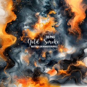 May include: A digital download of 30 watercolor border PNG files featuring a gold and black smoke design. The text "30 PNG Gold Smoke Watercolor Boarder Bundle" is included in the image.