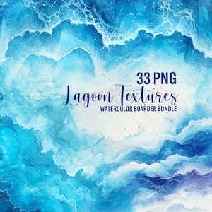 Imágenes prediseñadas de texturas de laguna de acuarela, 33 bordes de ondas PNG, gráfico azul náutico, atardecer marino PNG, borde digital de verano oceánico, uso comercial