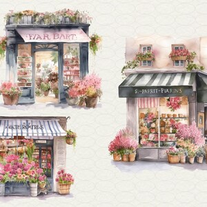 May include: A watercolor illustration of three flower shops with colorful floral displays and striped awnings. The shops are named "Fleur Bart", "S. Parritt-Plarins", and "Mate Roatris".