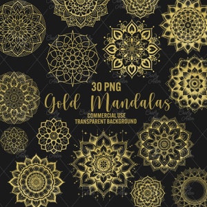 Clipart mandala doré, clipart mandalas dorés 30 png, fleur de mandala holistique, mandala de yoga indien, téléchargement immédiat, usage commercial