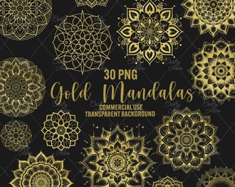 May include: A set of 30 gold mandala designs with a transparent background. The mandalas are intricate and detailed, with a variety of patterns and shapes. They are perfect for adding a touch of elegance to any project.