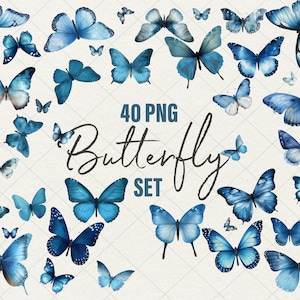 40 Blauer Schmetterling Clipart PNG Aquarell Schmetterling Aufkleber Blauer Schmetterling Bundle Clipart Illustrationen Set Sofort Download