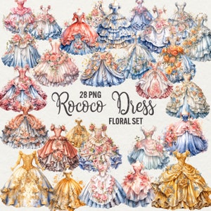 Aquarel rococo bloemenjurk clipart, vintage clipart, 28 PNG rococo elegante bloemenjurk clipart, instant download, commercieel gebruik.