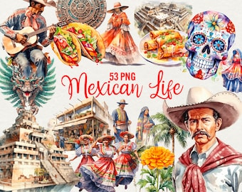 Watercolor Mexico Clipart: 53 PNG Travel Graphics (Commercial Use)
