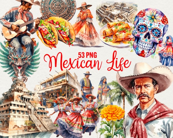 Watercolor Mexico Clipart: 53 PNG Travel Graphics (Commercial Use)