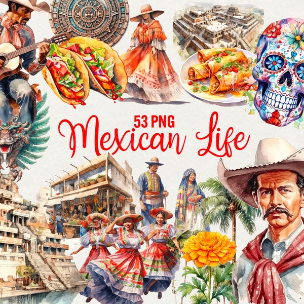 Watercolor Mexico Clipart, 53 PNG Travel clipart, Traditional Mexican travel clipart Fiesta Muerte clipart Aztec art, skull, Commercial use