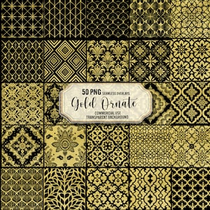 Patrón sin costuras adornado con oro, superposiciones de adornos dorados de 50 png, fondo de damasco dorado, texturas victorianas, png transparente, uso comercial