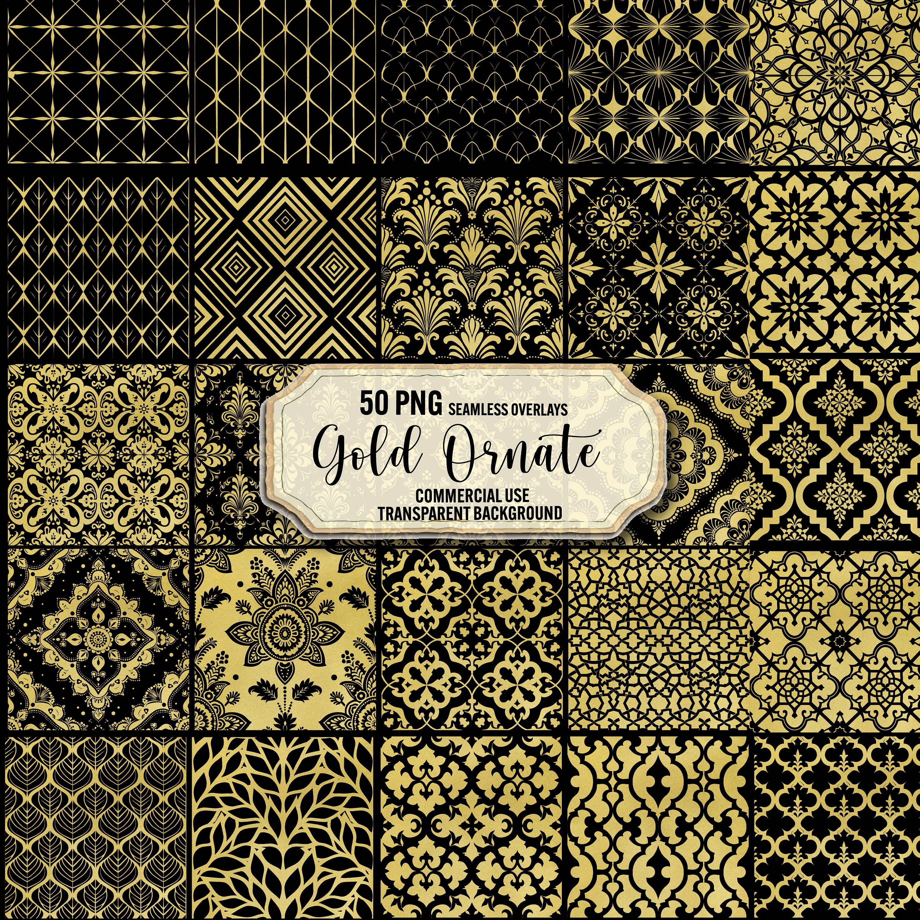 Gold ornate seamless pattern, 50 png golden ornament overlays, gold damask background, victorian textures, transparent png, commercial use