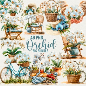 May include: A collection of 49 PNG images featuring white orchids in various settings, including a wicker chair, a bicycle, a picnic basket, and a wooden bench. The images are perfect for crafting, scrapbooking, and digital design projects.