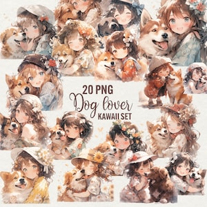 Amoureux des chiens aquarelle Clipart, 20 Png jolie fille avec des chiens, chiots mignons kawaii, clipart animal de compagnie, chien PNG, Shiba bébé akita corgi, usage Commercial