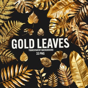 Clipart de feuilles d'or, feuille tropicale de 33 png, superpositions de feuilles d'or, superpositions de photos, journal indésirable, utilisation commerciale de fond transparent