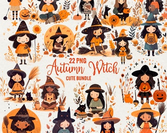 Cute Autumn Witch Clipart, Watercolor Halloween PNG Graphics