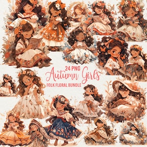 Herbst kleine Mädchen Clipart, 24 PNG PNG Aquarell Folk Porträt Mädchen Grafiken, Natur Boho Mädchen Clipart, Schöne Mädchen, kommerzielle Nutzung
