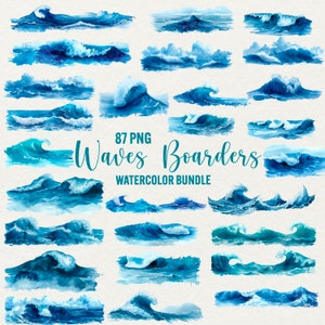 Clipart bordi onde acquerello, 87 PNG Clip art onde oceaniche, illustrazione blu nautica, schiuma del mare, download immediato, uso commerciale