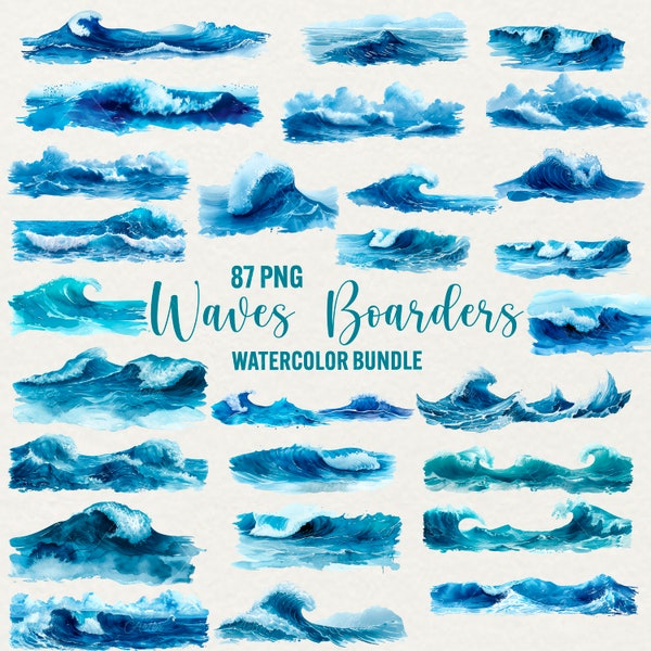 Watercolor Wave Borders Clipart, 87 PNG Ocean Waves Clip art, Nautical Blue illustration, sea froth, Instant Download, Commercial Use