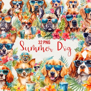 Aquarell Sommer Hund Clipart, Aloha Tier Aquarell, 32 PNG Sommer Clip Art, tropische Blumen Hund Getränke Strand Palmen Kommerzielle Nutzung.