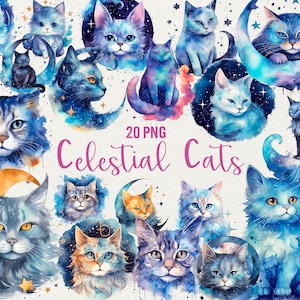 Clipart chat fantastique aquarelle, 20 PNG chats magiques Clip Art, clipart galaxie céleste, graphiques aquarelle chats, usage Commercial