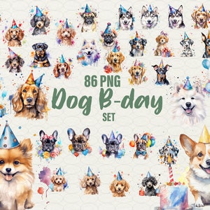 Geburtstag Hund Clipart, 86 PNG Aquarell Hunde Rassen Yorkshire Englisch Französisch Bulldogge Schnauzer Corgis Welpe Chihuahua Scottish Kommerzielle Nutzung
