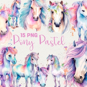 Cute Pony Clipart Pastel Pony Сlip Art Fantasy Pony, 15 png Watercolor Pony Clipart, Baby Pony For Little Princess Png Commercial Use