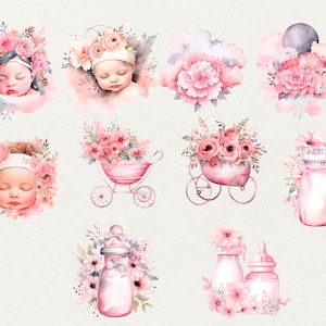 May include: A set of watercolor illustrations featuring a baby, a baby carriage, a hot air balloon, and bottles. The illustrations are in shades of pink and white and feature floral accents.