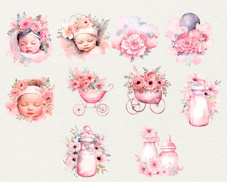 May include: A set of watercolor illustrations featuring a baby, a baby carriage, a hot air balloon, and bottles. The illustrations are in shades of pink and white and feature floral accents.